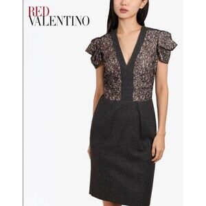 RED Valentino Garavani Black Lace Crepe Sheath Cocktail Dress US 10 IT 46 FW2017